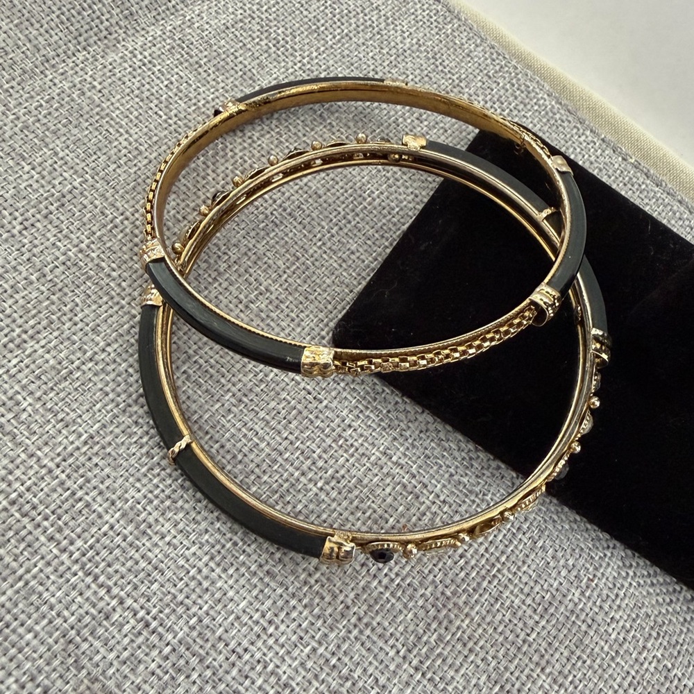 Gold Tone & Black Enamel Bangle Bracelets Set | Textured Stackable Bangles